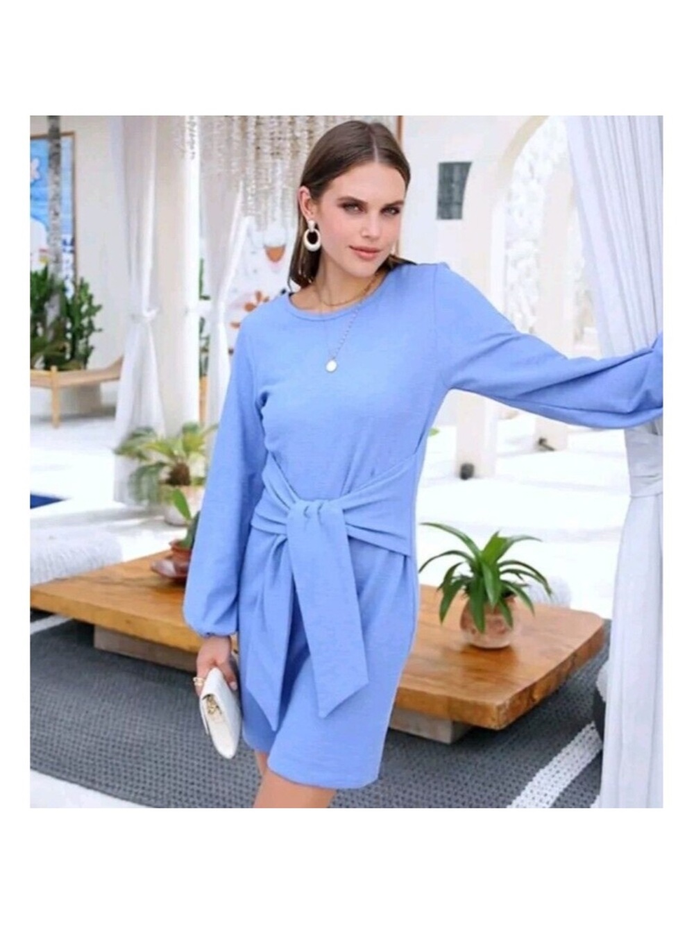 Pretty Garden’s Women’s Light Blue Long Sleeve Tie-Waist Dress NWOT